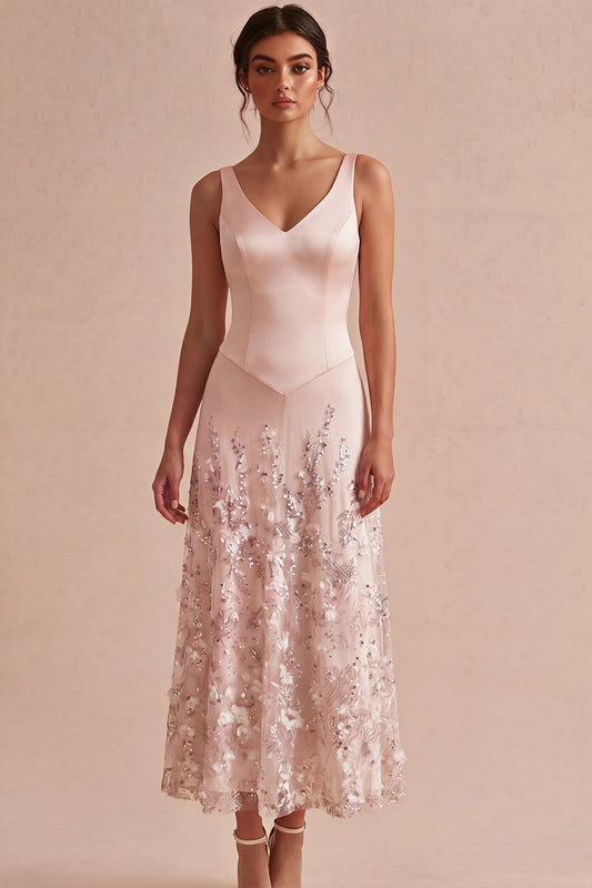 Sparkly Floral Pink Beaded A-Line Maxi Wedding Guest Dress