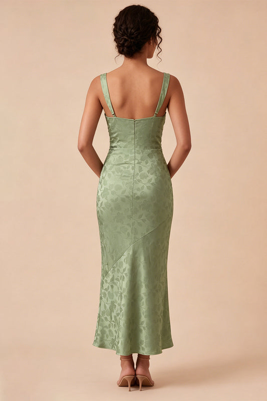 Floral Light Green Ruched Mermaid Maxi Wedding Guest Dress