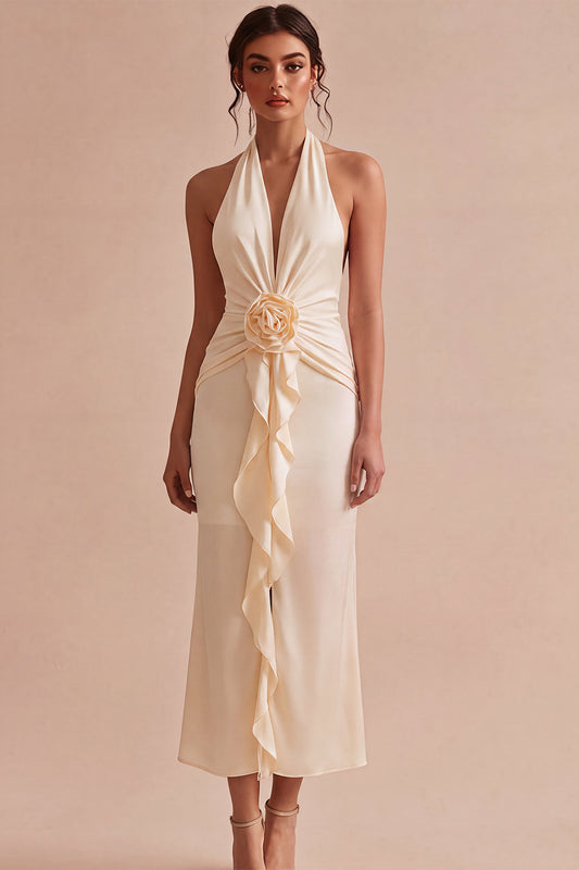 Apricot Ruffled Ruched Maxi Wedding Guest Dress with 3D Flower