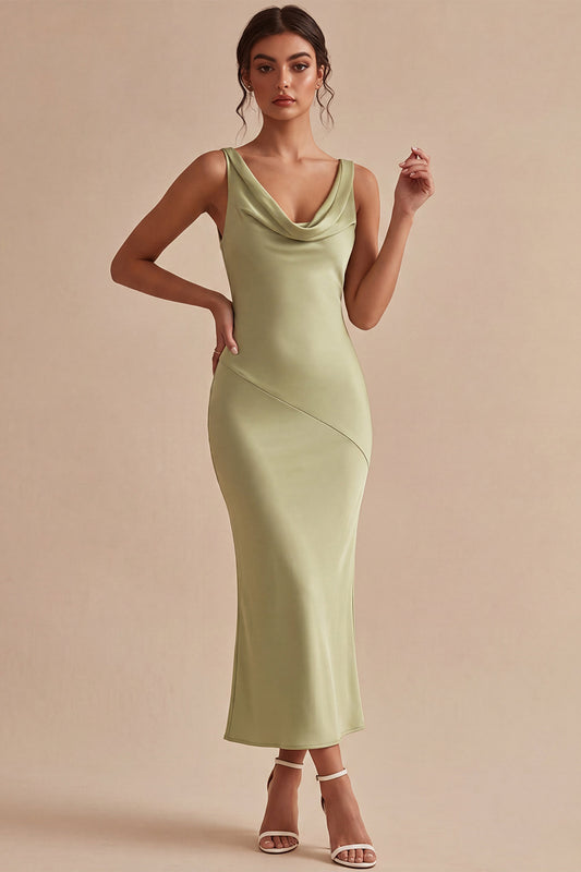 Light Green Satin Cowl Neck Mermaid Maxi Wedding Guest Dress