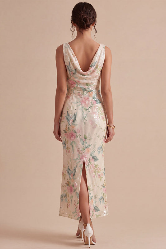 White Pink Flower Sequin Mermaid Long Wedding Guest Dress