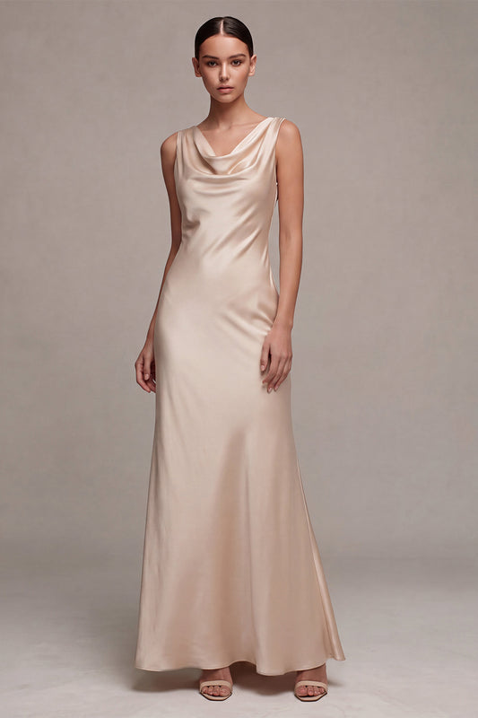 Simple Champagne Satin Cowl Neck Mermaid Long Wedding Guest Dress