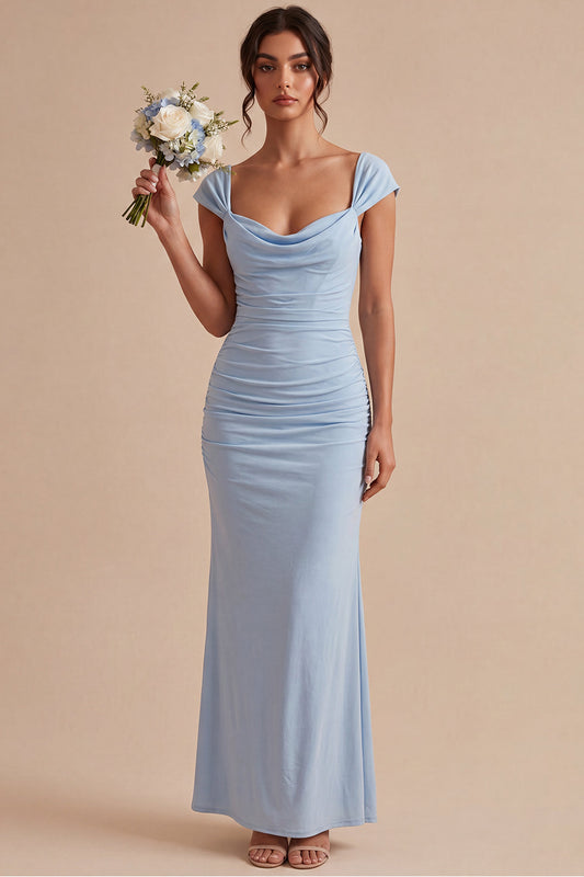 Sky Blue Ruched Mermaid Long Wedding Guest Dress with Sleeves