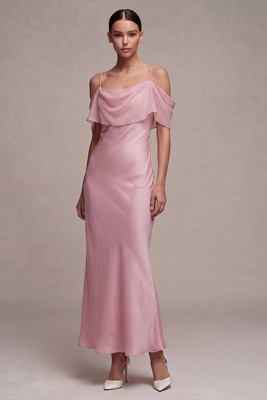 Dark Pink Chiffon Cold Shoulder Mermaid Long Wedding Guest Dress