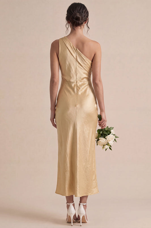 Gold Satin One Shoulder Mermaid Maxi Wedding Guest Dress