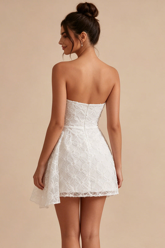 White Ruched Floral Tight Short Graduation Dress with Side Cape