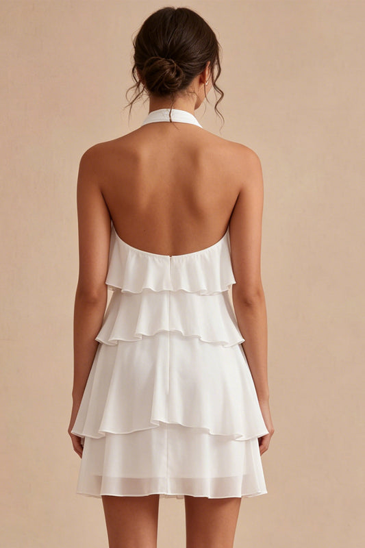 White Tiered Ruffled A-Line Short Graduation Dress with 3D Flower