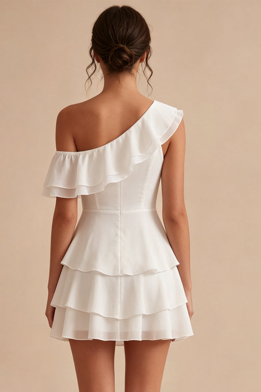 White Tiered Ruffled A-Line One Shoulder Short Graduation Dress