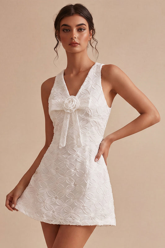 Floral White V-Neck A-Line Short Graduation Dress with Bow