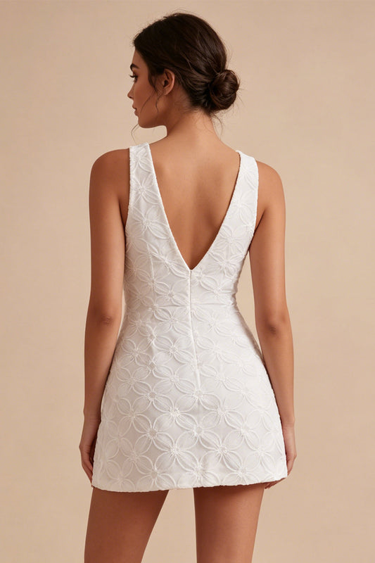 Floral White V-Neck A-Line Short Graduation Dress with Bow