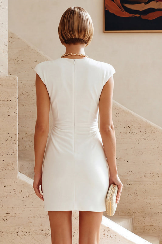 White Satin Ruched Tight Short Graduation Dress with Sleeves