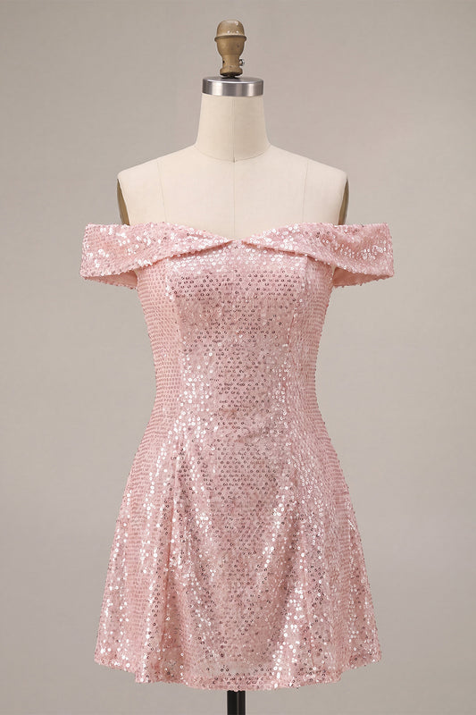 Sparkly Pink Sequin A-Line Off The Shoulder Short Homecoming Dress