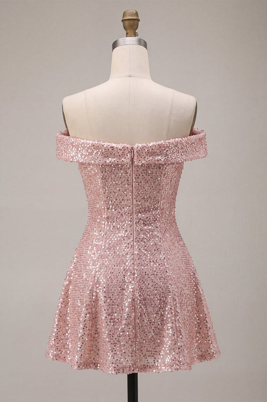 Sparkly Pink Sequin A-Line Off The Shoulder Short Homecoming Dress