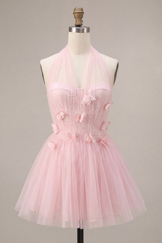 Pink Tulle Halter A-Line Short Homecoming Dress with 3D Flowers