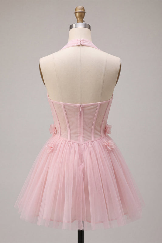 Pink Tulle Halter A-Line Short Homecoming Dress with 3D Flowers