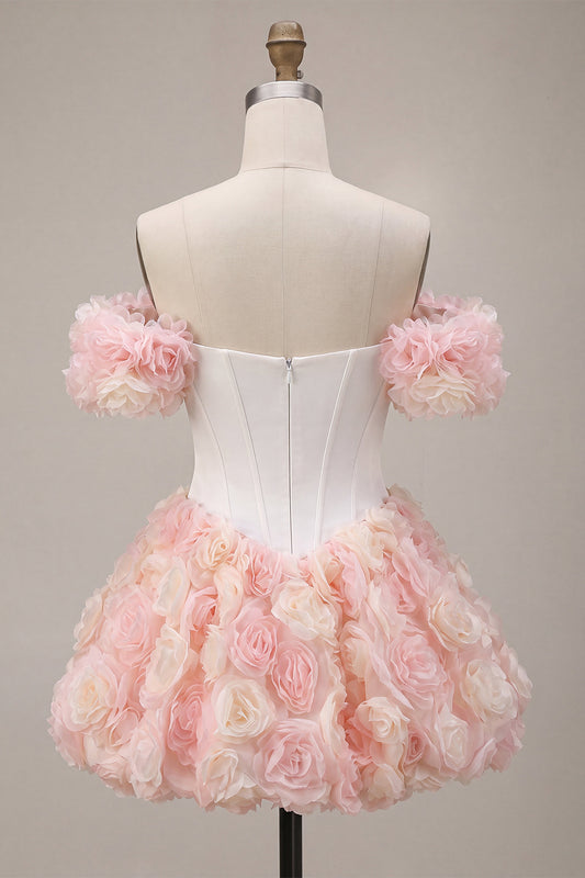 White and Pink Corset A-Line Short Homecoming Dress with 3D Flowers