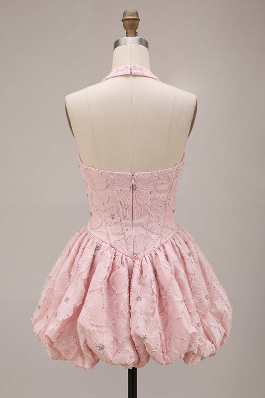 Sparkly Floral Pink Beaded A-Line Short Corset Homecoming Dress
