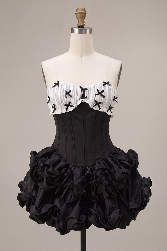 Black Strapless A Line Ruffled Short Corset Homecoming Dress with Bow