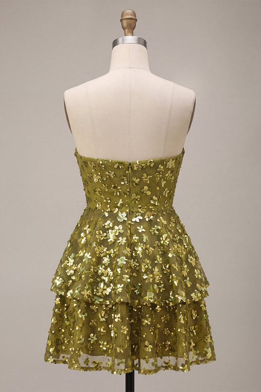 Sparkly Olive Floral Sequin Sweetheart A Line Ruffled Short Homecoming Dress