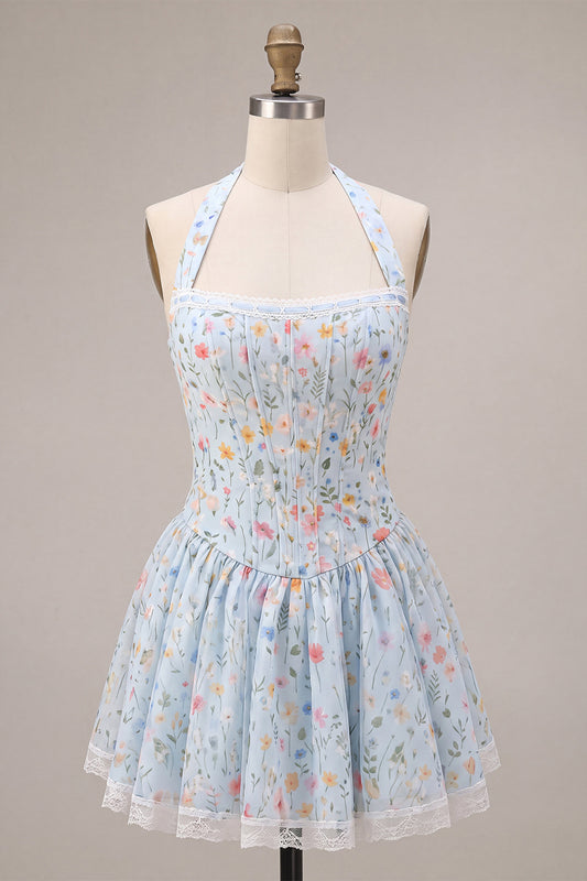 Sky Blue Floral Halter A Line Short Corset Homecoming Dress with Lace