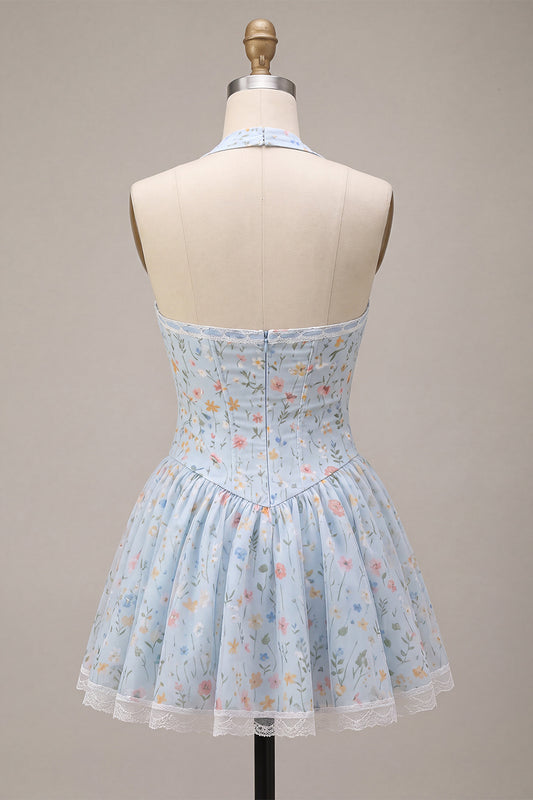 Sky Blue Floral Halter A Line Short Corset Homecoming Dress with Lace