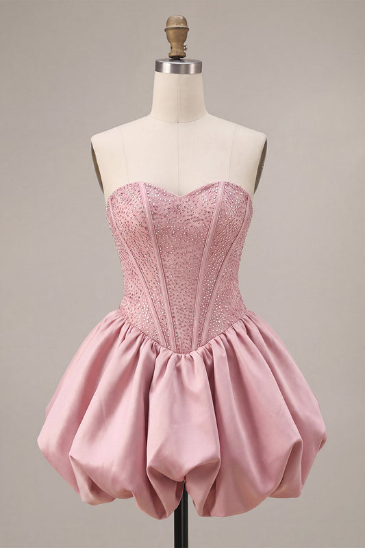 Sparkly Pink Beaded Sweetheart A Line Short Corset Homecoming Dress