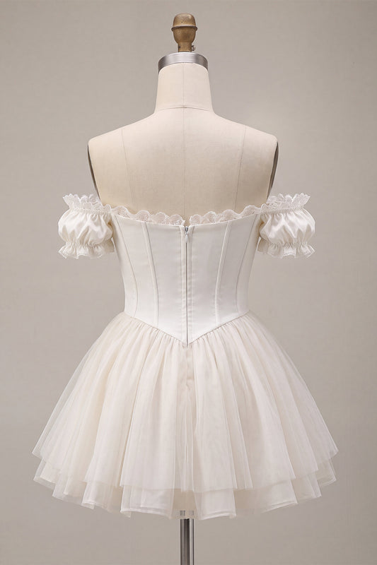Ivory Ruffled A Line Short Corset Homecoming Dress with 3D Flower