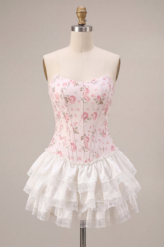 White Pink Flower Strapless Short Corset Homecoming Dress with Ruffles
