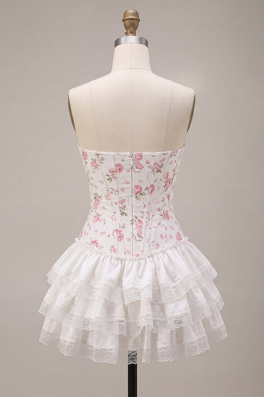 White Pink Flower Strapless Short Corset Homecoming Dress with Ruffles