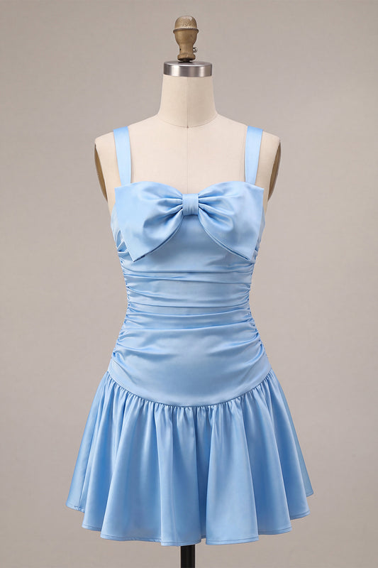 Sky Blue Satin A Line Ruched Short Homecoming Dress with Bow