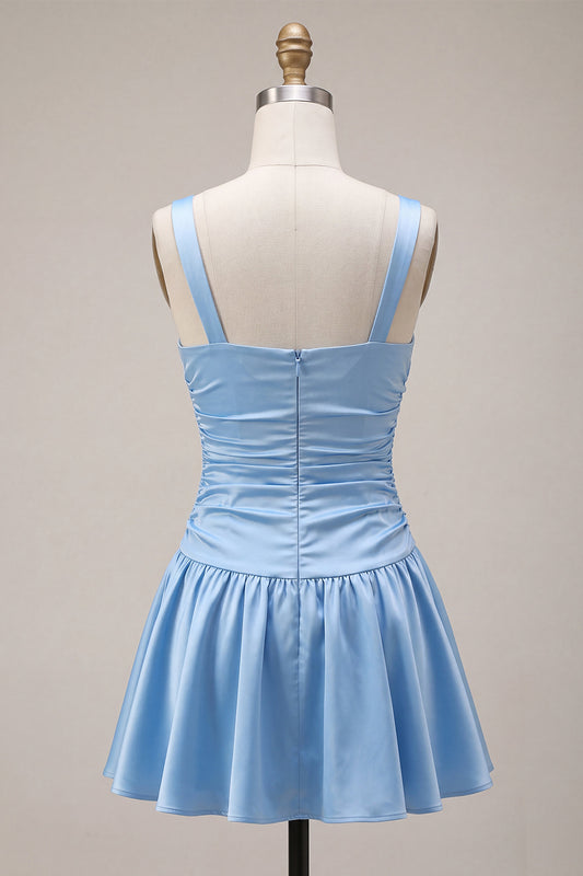 Sky Blue Satin A Line Ruched Short Homecoming Dress with Bow