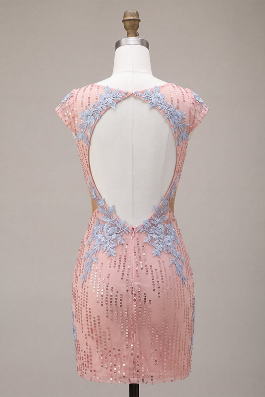 Sparkly Pink Appliqued Tight Short Sequin Homecoming Dress with Sleeves