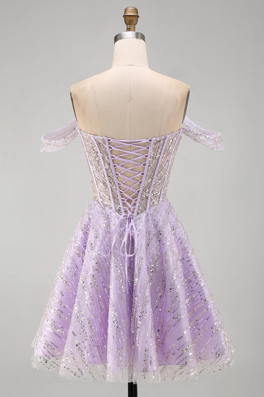 Sparkly Lilac Off the Shoulder Sequins Short Corset Homecoming Dress
