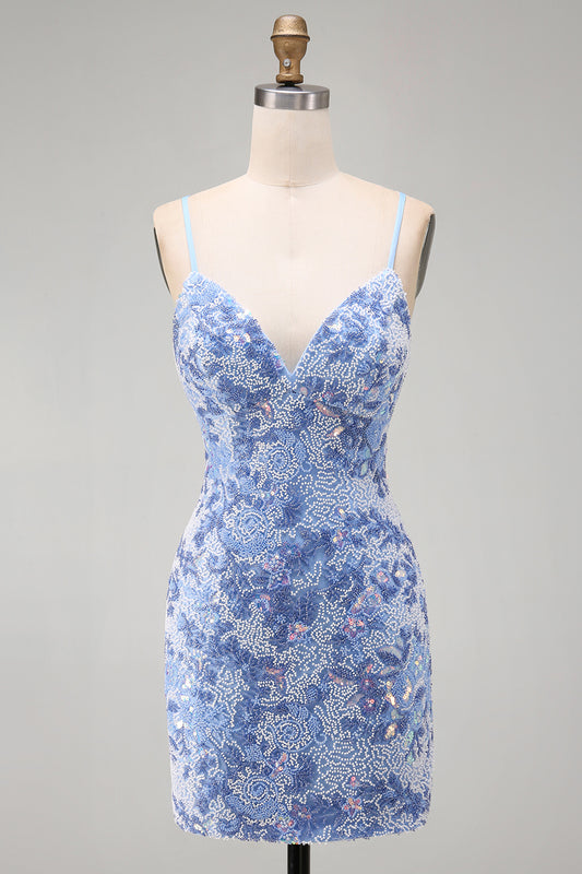 Sparkly Blue Tight Spaghetti Straps Beaded Short Homecoming Dress