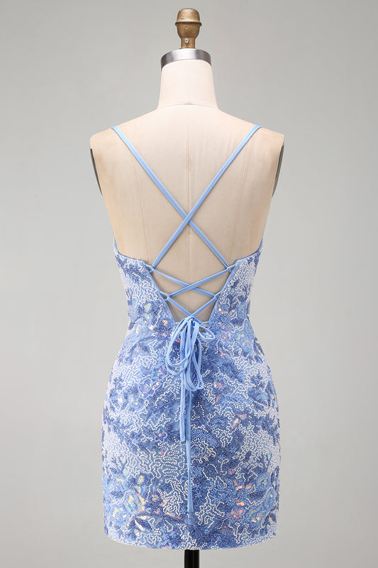 Sparkly Blue Tight Spaghetti Straps Beaded Short Homecoming Dress