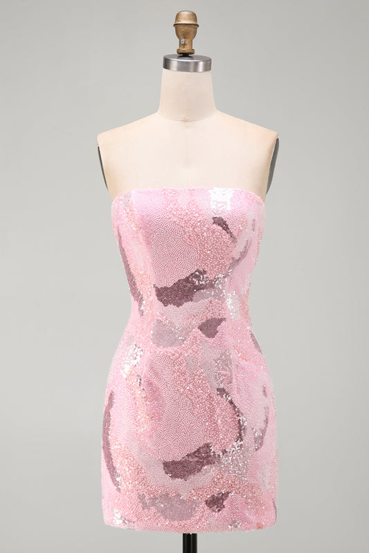 Sparkly Pink Beaded Tight Strapless Short Homecoming Dress