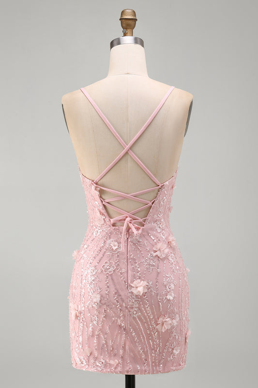 Pink Tight V-Neck Beaded Short Homecoming Dress with 3D Flower