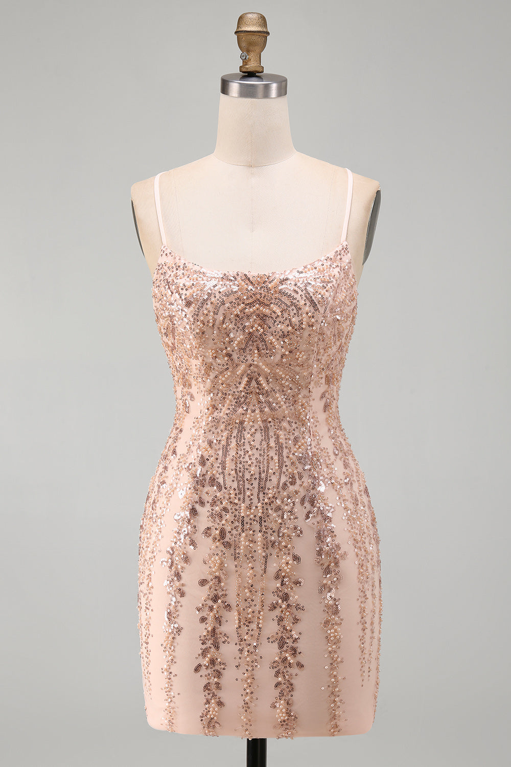 ZAPAKA Women Champagne Homecoming Dress with Lace Up Back Bodycon Sequins Spaghetti Straps Short Cocktail Dress, Champagne / US8