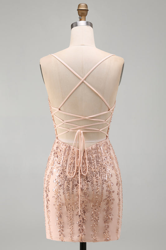 Sparkly Champagne Tight Scoop Neck Sequins Beaded Short Homecoming Dress