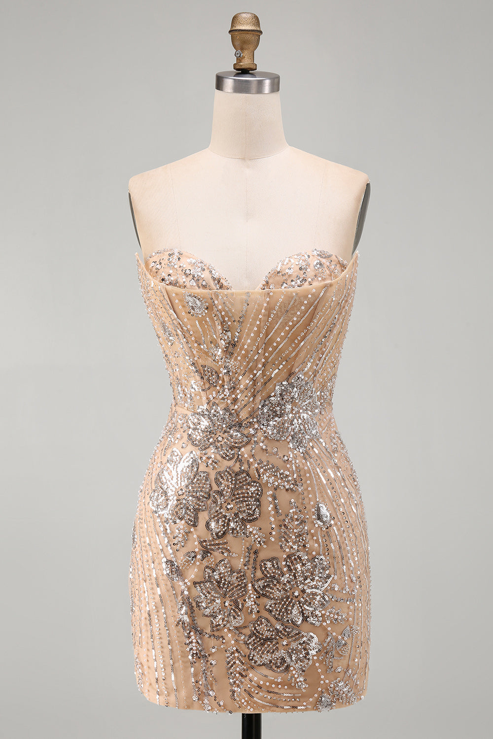 Zapakasa Women Sparkly Champagne Floral Short Corset Homecoming Dress Tight Sweetheart Beaded Sequin Cocktail Dress