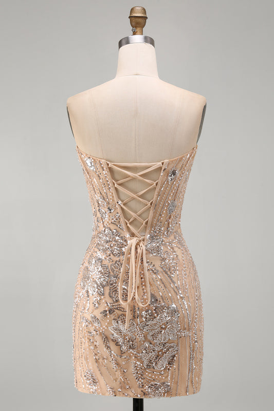 Sparkly Champagne Floral Tight Sequins Short Corset Homecoming Dress