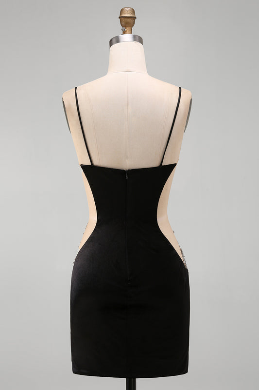 Black Floral Tight Cut Out Short Homecoming Dress with Rhinestone