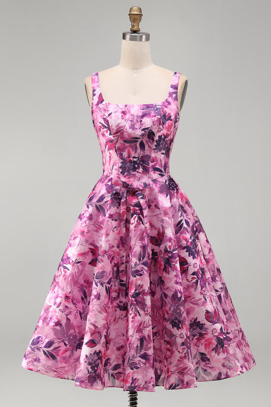 Fuchsia A-Line Square Neck Floral Printed Short Homecoming Dress with Bow