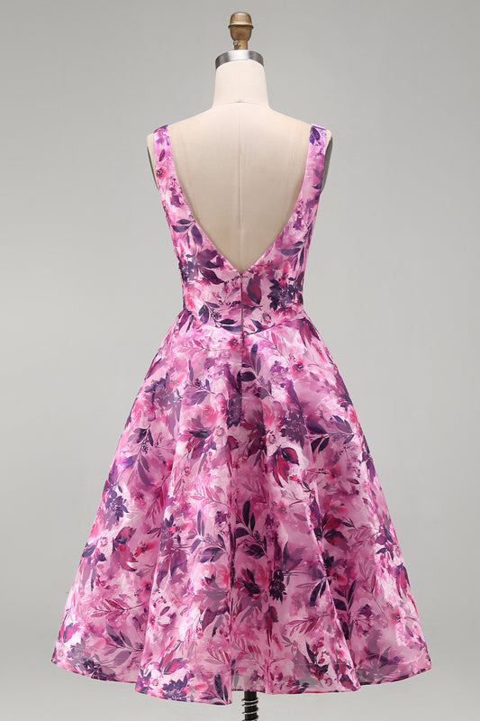 Fuchsia A-Line Square Neck Floral Printed Short Homecoming Dress with Bow