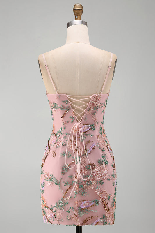 Pink Floral Beaded Sequin Tight Short Homecoming Dress
