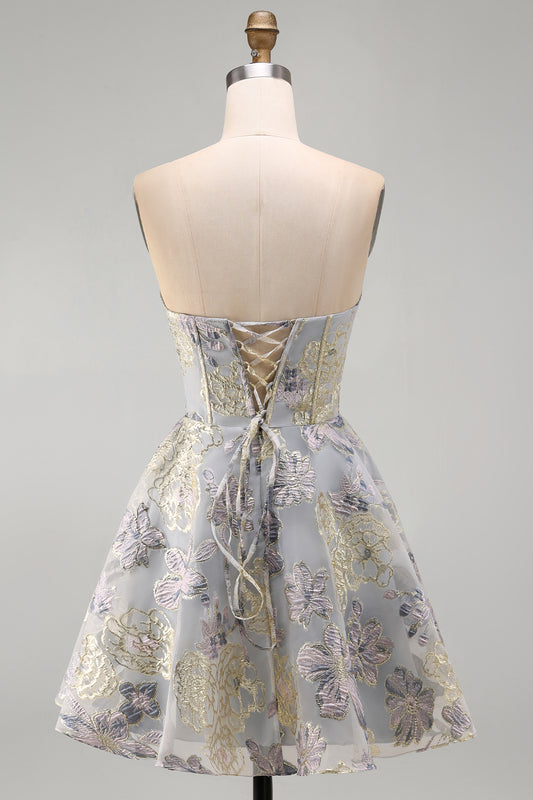 Blue Flower Jacquard Corset A Line Strapless Short Homecoming Dress