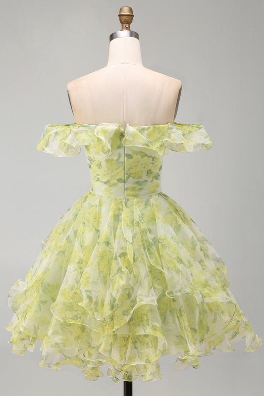 Yellow Green Floral Ruffled A Line Off the Shoulder Short Homecoming Dress