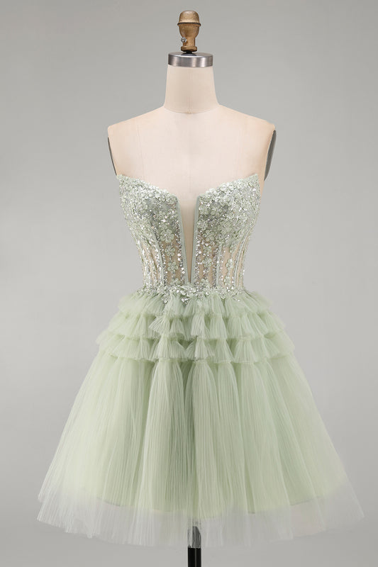 Dusty Sage Floral A-Line Ruffled Short Corset Homecoming Dress