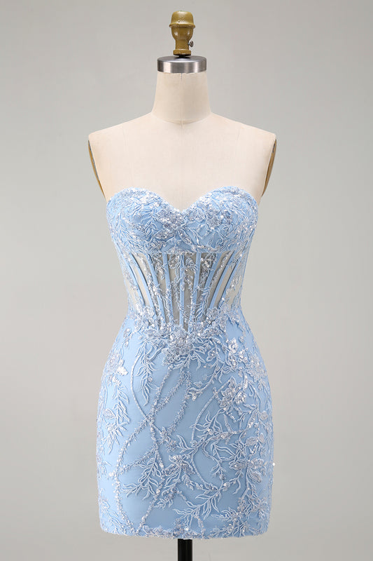 Blue Floral Tight Sweetheart Sparkly Short Corset Homecoming Dress