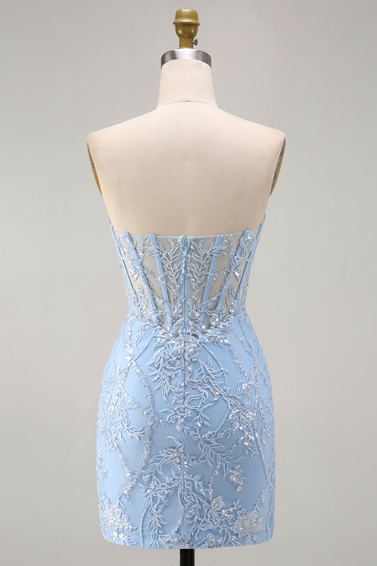 Blue Floral Tight Sweetheart Sparkly Short Corset Homecoming Dress
